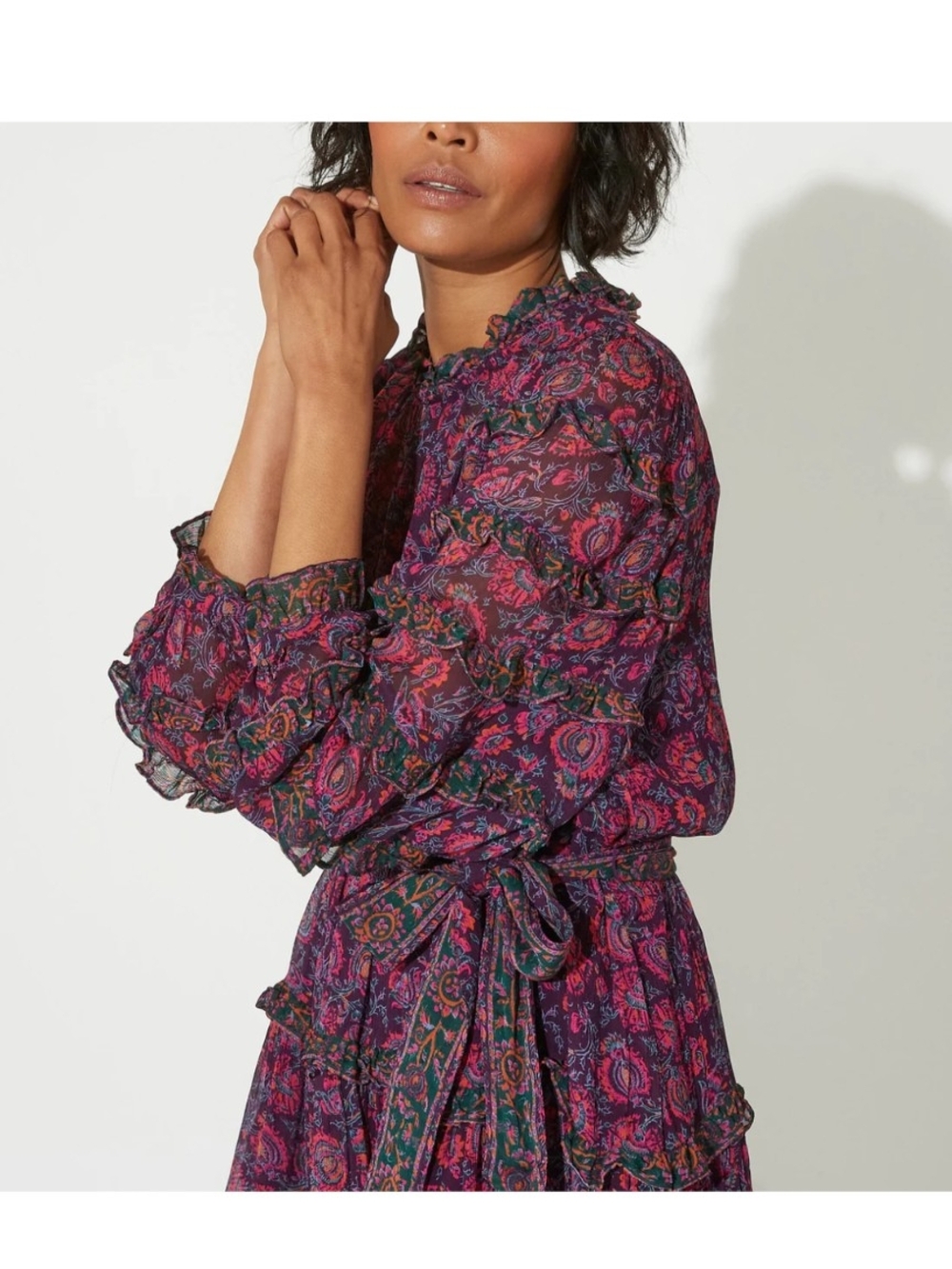 Cleobella Rosalia Ruffle Mini Dress in Bordeaux Floral - Picture 2 of 6
